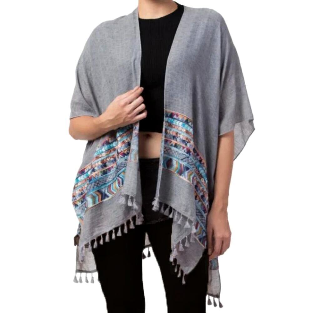 New! RAJ Aztec Embroidered Tassel Trim Beach Cover-up Boho Kimono Shawl Wrap